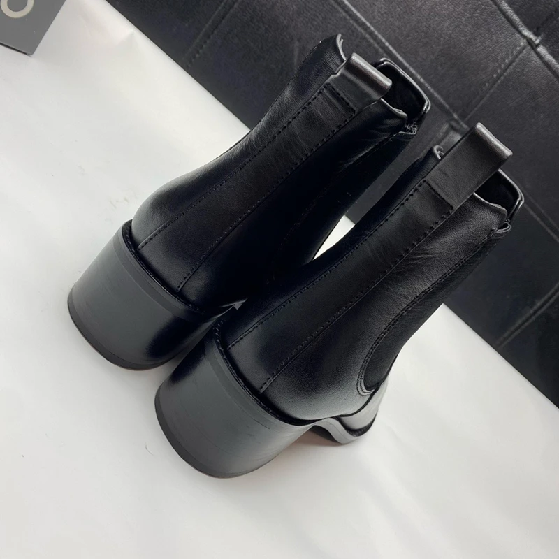 Withered British Fashion High Heels Chelsea Ankle Boots Simple Solid Boot Women Genuine Leather Casual Vintage