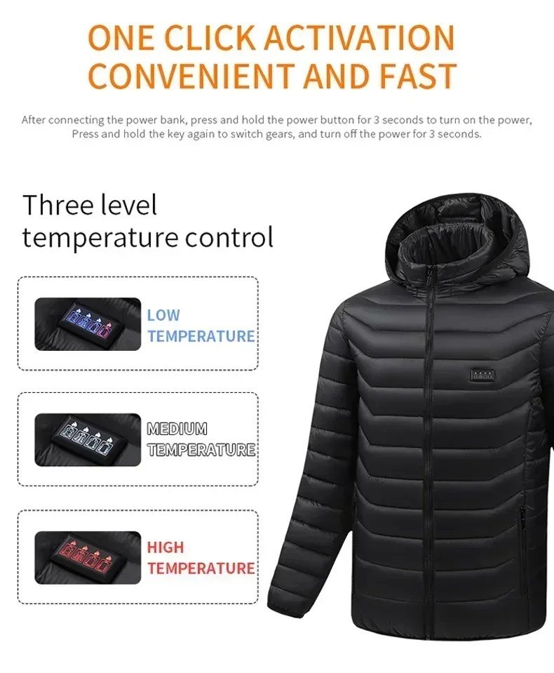 21 Areas Heated Jacket Men's USB Electric Smart Hooded Coat Self-heating Clothes Men Casual Ski Cold-proof Thermal Padded Jacket 3