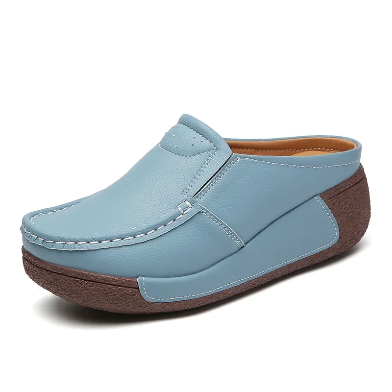 Spring Autumn Women Platform Slippers Summer Breathable Outdoor Casual and Comfortable Leather Half Slippers Zapatillas De Mujer
