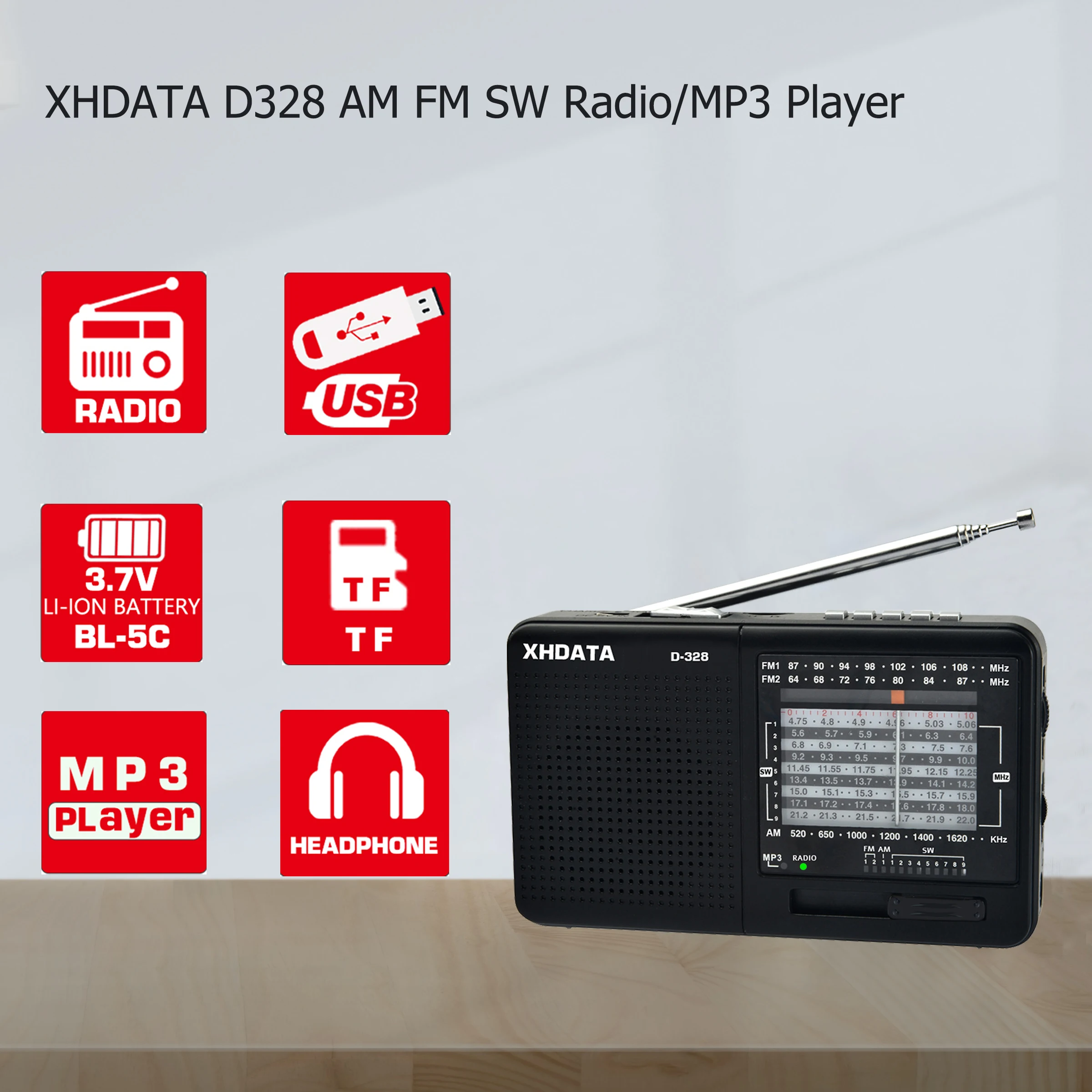 Banda de Rádio de Ondas Player com Cartão Xhdata Rádio sw Portátil Curtas Mp3 tf Jack 4receiver - 3w Receptor D-328 fm am - Image 2