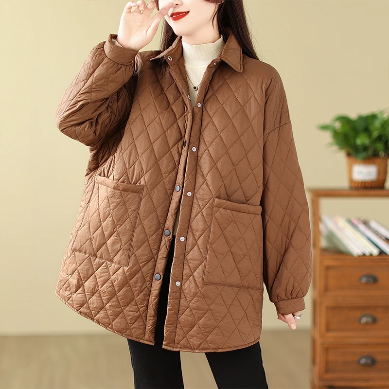 

Korea Style Big Pockets Rhombic Lattice Padded Cotton Thin Light Loose Autumn Winter Down Coats Women Casual Outwear Coats