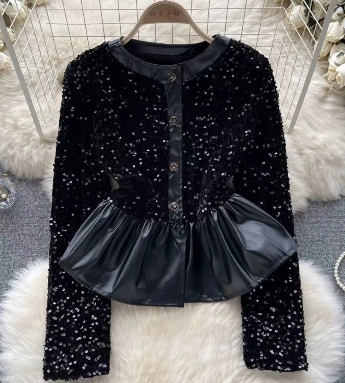 

Luxury Sequin Patchwork PU Long Sleeve Coat Chic Casual Fashion Top Women Korean Fashion Autumn Elegant Vintage Jacket