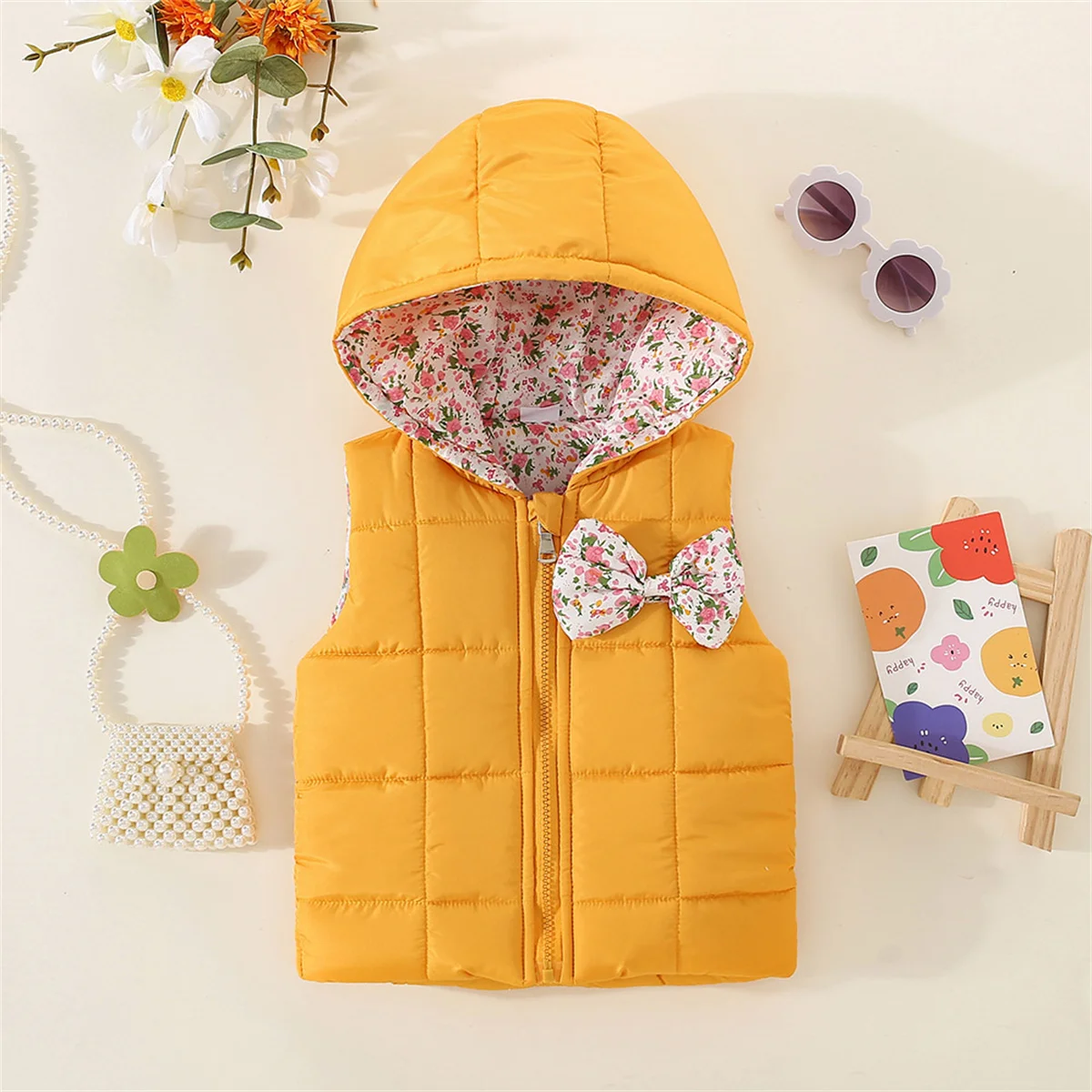 Autumn And Winter Girls' Cotton Vest Cartoon Clip Solid Hooded Sweet Bow Zipper Warm Coat baby girl jacket women vest children down vest