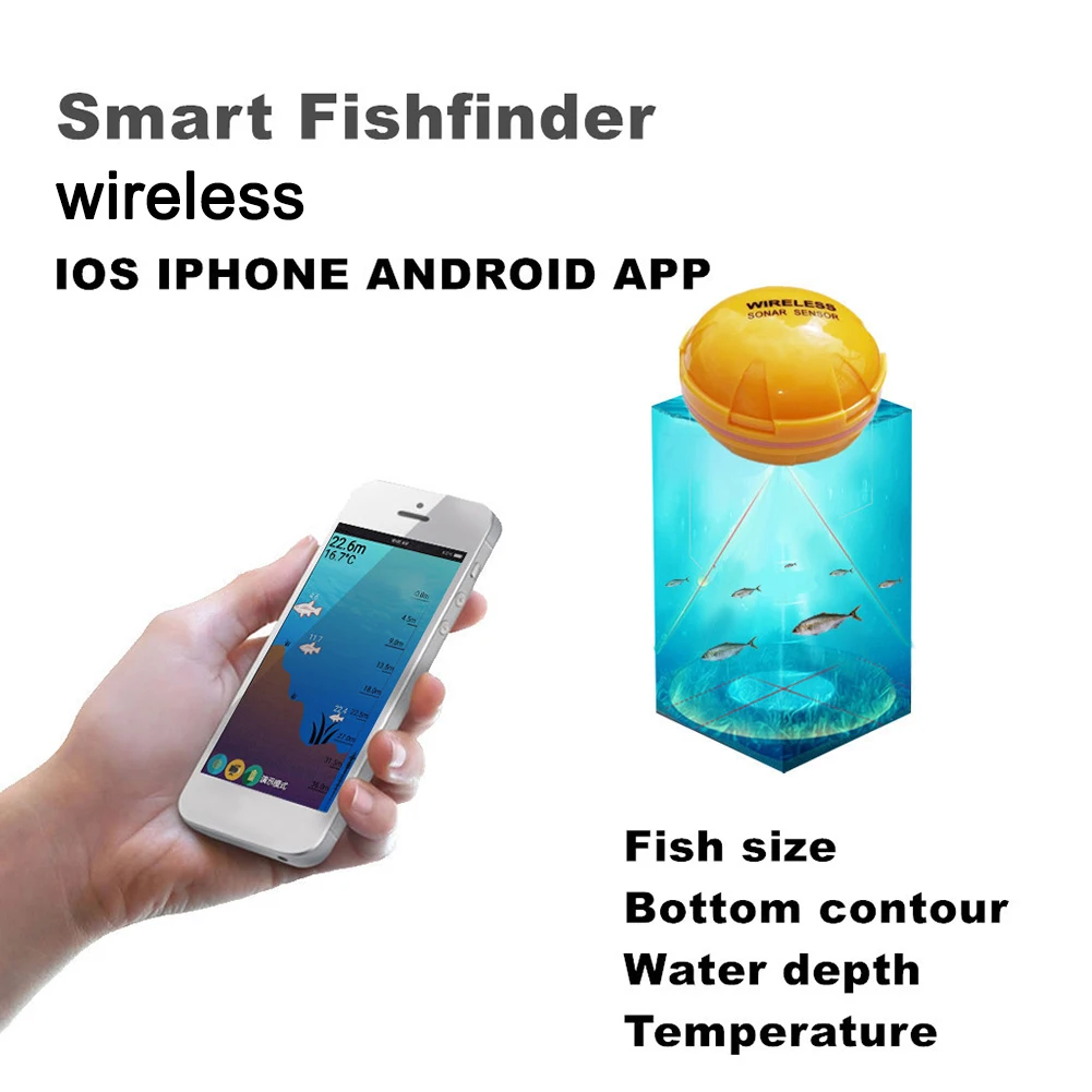 Wireless Sonar Alarm Transducer Fishfinder 120FT Depth Bluetooth-Compatible Slient Sonar Fish Detector 90-Degree Radiation Angle