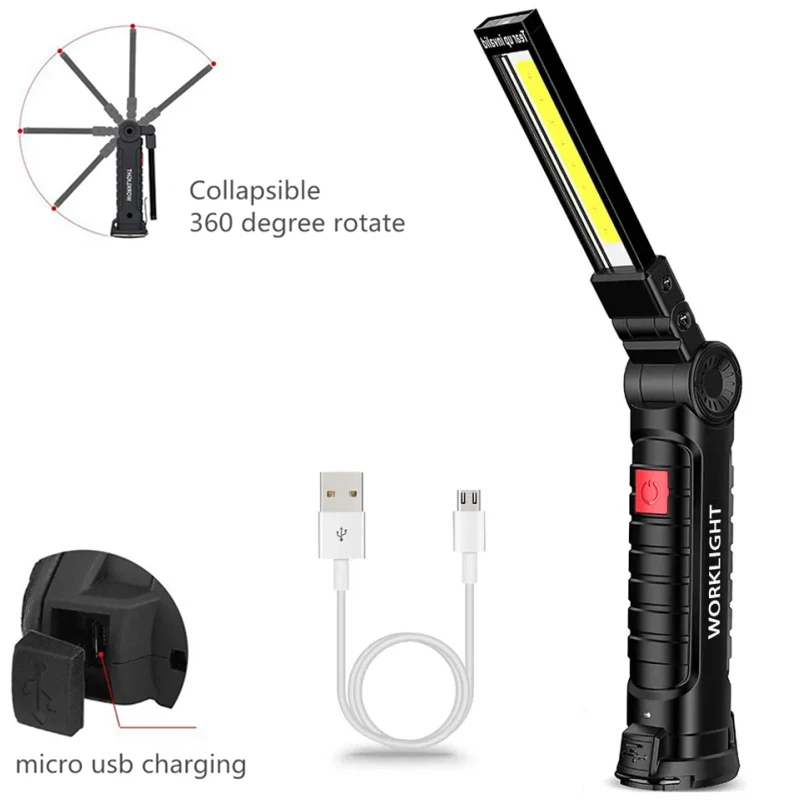 

Led Flashlight USB Rechargeable With Built-in Battery Set Multi Function Folding Work Light COB Waterproof Fishing Camping Torch