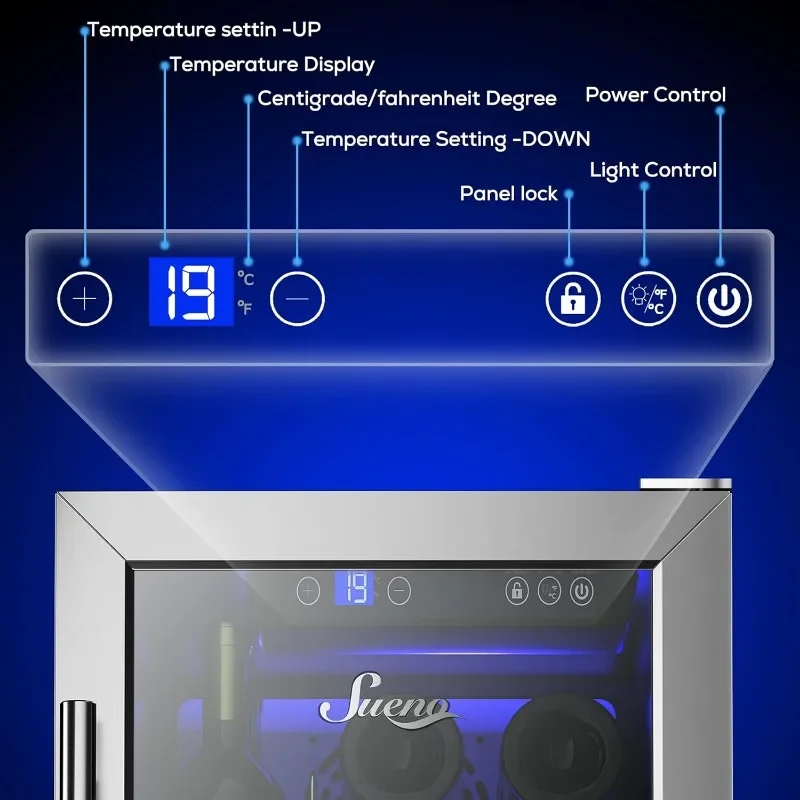 SUENO 15&ldquo; Built-In/Freestanding Wine Cooler Refrigerator 32 Bottles or 96 Cans Digital Touch Control Stainless Steel Mirror