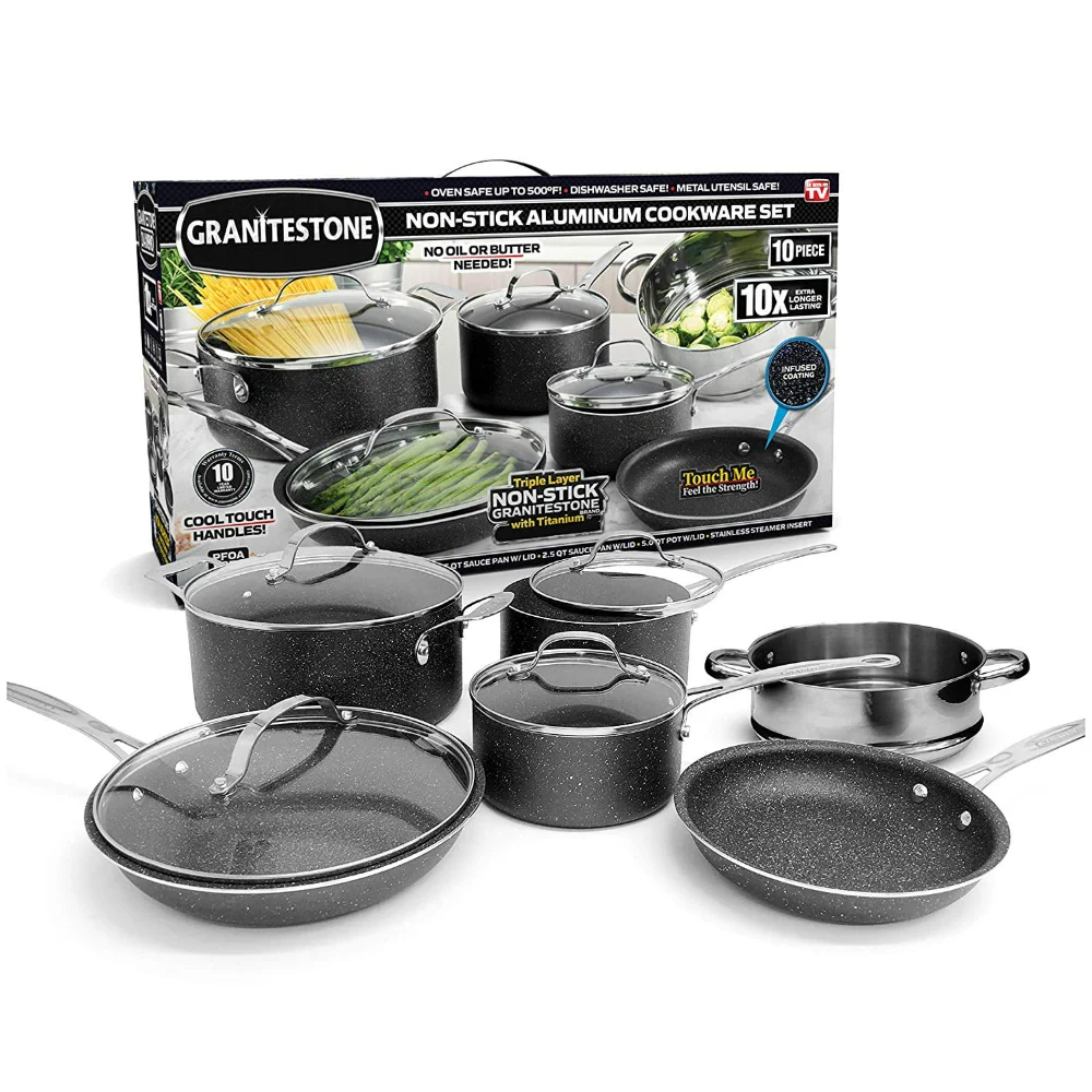 Nonstick Pots and Pans Set; 10 Piece Granite Kitchen Cookware Set