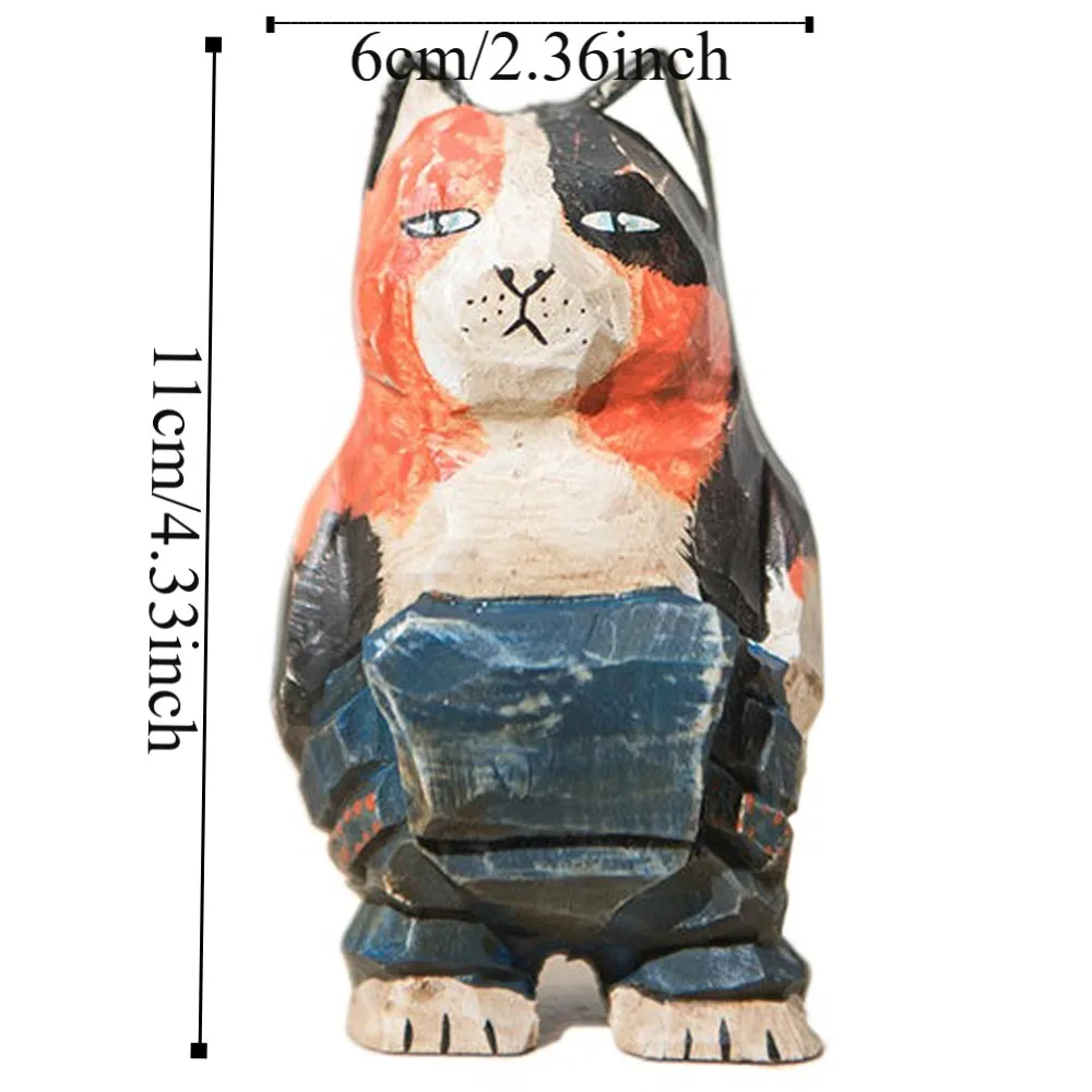 Solid Wood Wood Carving Cat Ornament Simple Style Small Painted Cartoon Cat Sculpture Cute Handmade