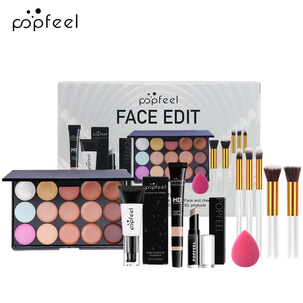 POPFEEL Juego de maquillaje facial de 10 piezas: combinación de base, corrector y brochas para principiantes, kit completo de maquillaje facial para impecable