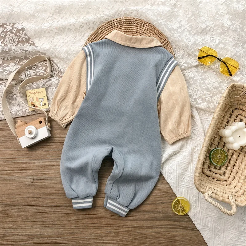 남아용 긴팔 롬퍼, 블루 살구색 패치워크 나비 넥타이, 턴다운 칼라 점프수트,  신사 의류, E2205, 가을 신상