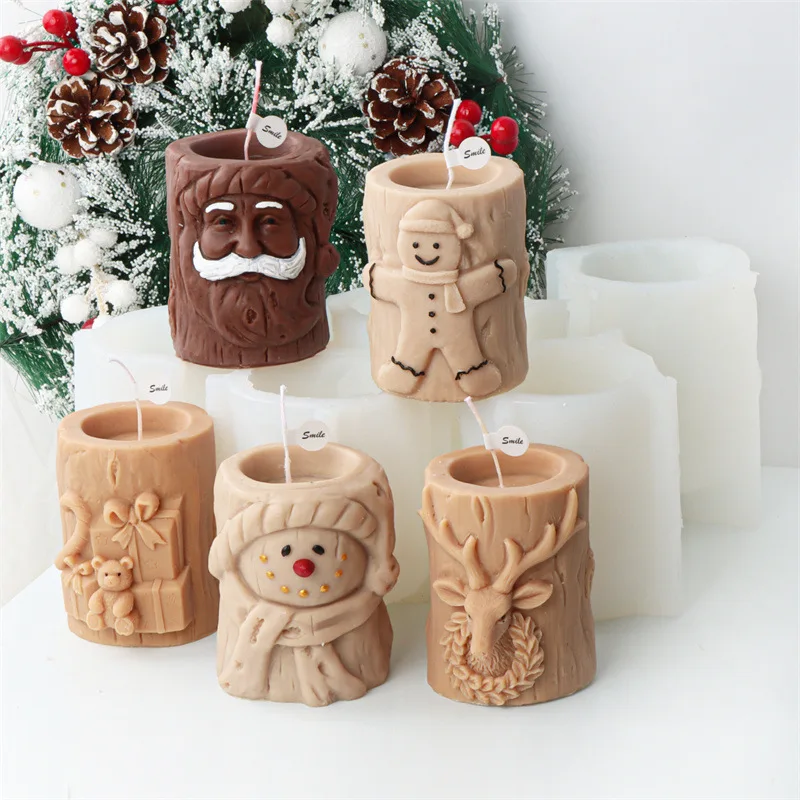 

Silicone Mold Tree Stump Christmas Candle Mold Gingerbread Man Santa Claus Snowman Deer Head Gifift box Aromatherapy candlestick