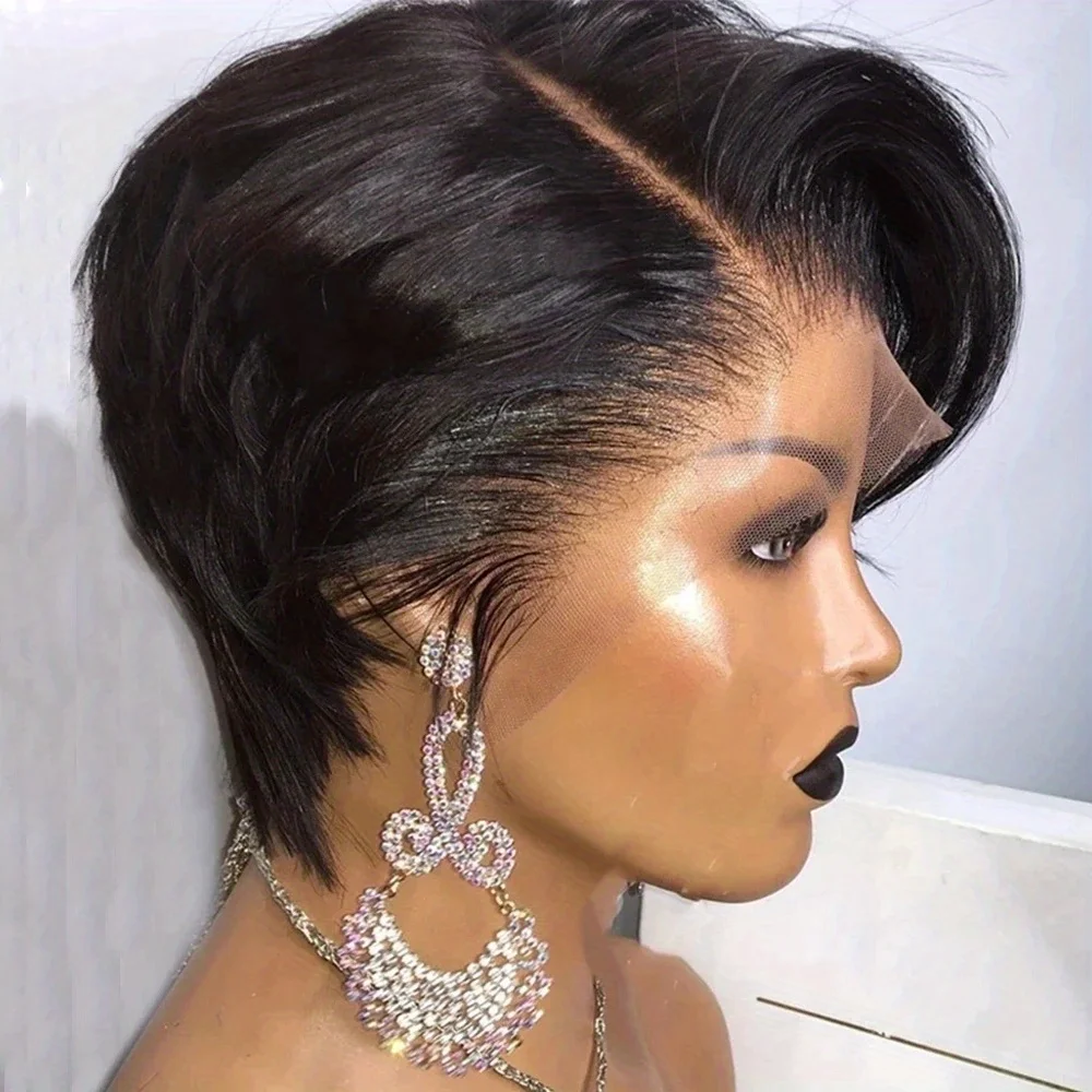 13*4*1 T part lace pixie human hair wigs for women 6inch 150% density pixie wave human hair wigs daily party use wig