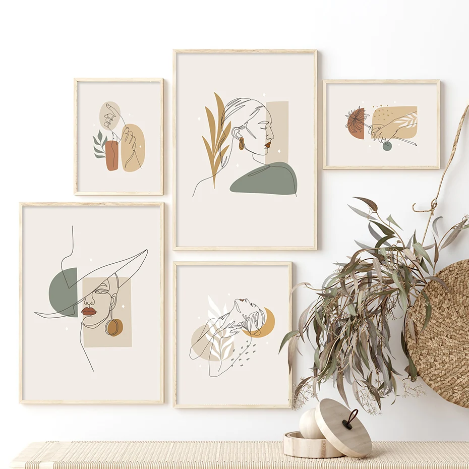 

Boho Woman Face Line Leaf Abstract Posters Canvas Painting Modern Wall Art Print Picture Bedroom Living Room Interior Home Decor