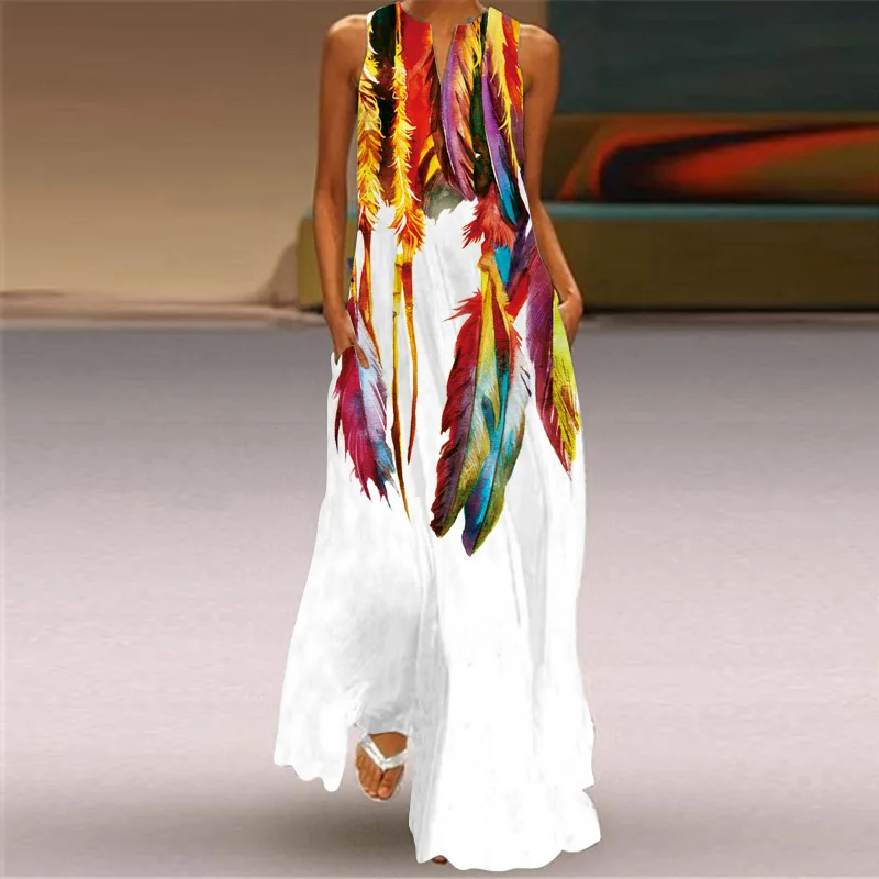 6 Colors Sleeveless Exaggerated Large Print Dress Women Casual White Vest Maxi Dresses Lady Summer Bohemian