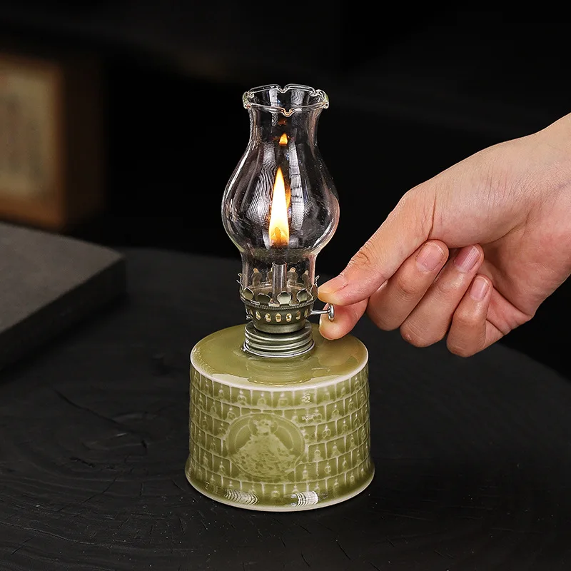 Vintage ceramic oil lamp, old desktop nostalgic butter lamp, home lighting atmosphere decoration ornaments, photography props