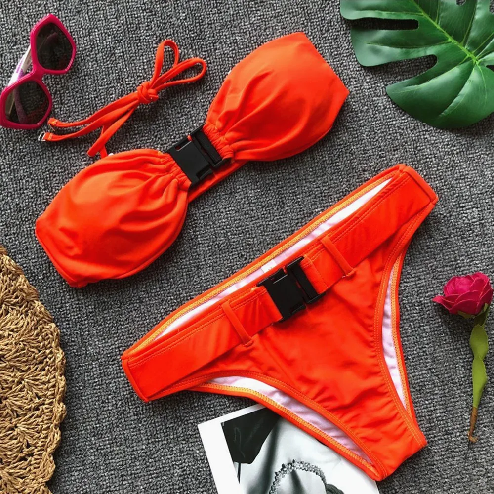 Sexy Bikini Bandeau Women Push Up Orange Red Swimwear Swimsuit Female Bikini Set Bathing Suit Bikini With Plug Buckle Banadores
