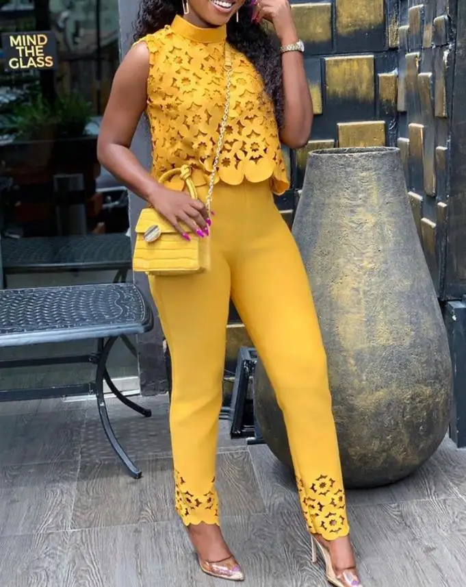 

Two Piece Sets Womens Outifits 2023 Spring Fashion High Neck Sleeveless Lace Hollow Out Top & Casual Solid Daily Long Pants Set