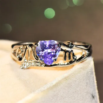 Light Purple Crystal Heart Stone Rings For Women Antique Silver Color MOM Letter Jewelry Female Bridal Wedding Mother's Day Gift