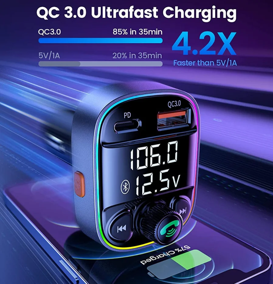

Bluetooth 5.0 FM Transmitter for Car Radio AUX Adapter with Dual Screen Display&7 Color Music Player Kit Handsfree Call