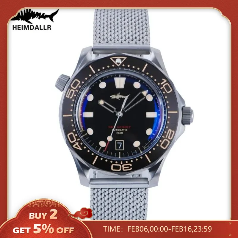 Heimdallr Orologio Titanium Sea Ghost Nttd Nh35 Meccanico Automatico C3 Acciaio Luminoso Nylon Bianco Nero Quadrante 200M Orologi Da Immersione Da Uom