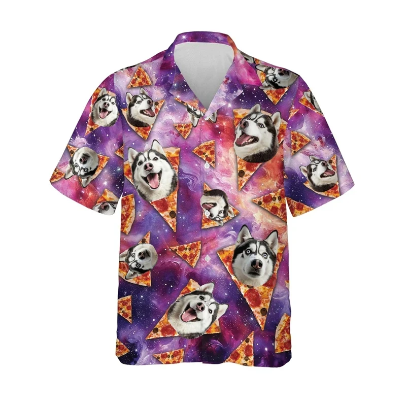 thumbnail image 1 of Camisa hawaiana con estampado 3D de perro y pizza divertida para hombre, camisas de verano con solapa, blusas de manga corta a la moda, blusas de gran tamaño con botones, 1 of 5