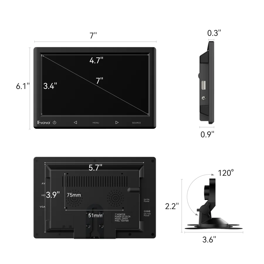 Eyoyo-monitor de Secretária com Altifalantes Incorporados Ecrã Industrial Hdmi Pequeno Vga av Resolução 1024x600 Controlo Remoto de Suporte 7 - Imagem 4