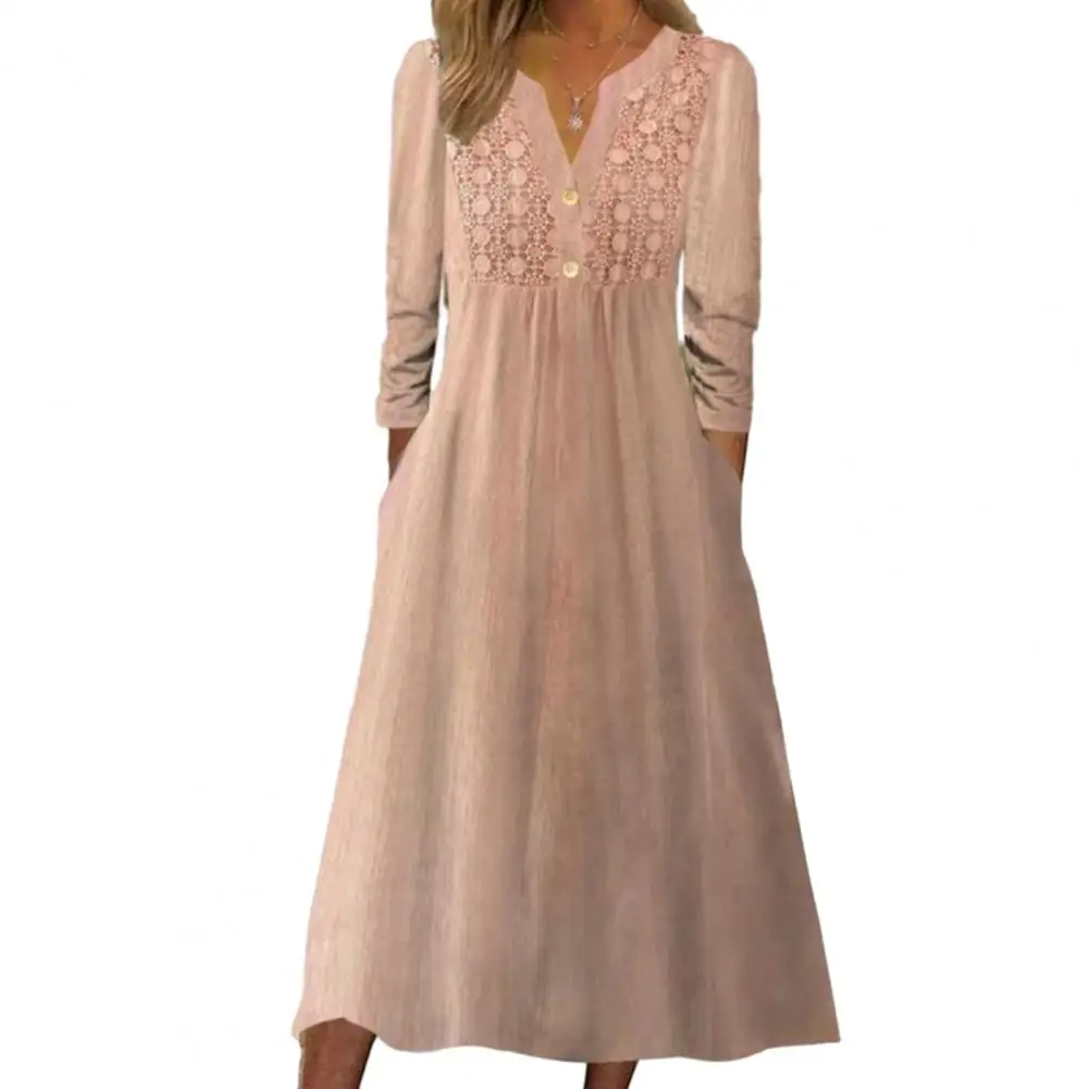 

Solid Color Dress Elegant Lace Pleated A-line Dress with Soft Pockets Flattering V Neck Long Sleeve Mid-calf Length for Women's