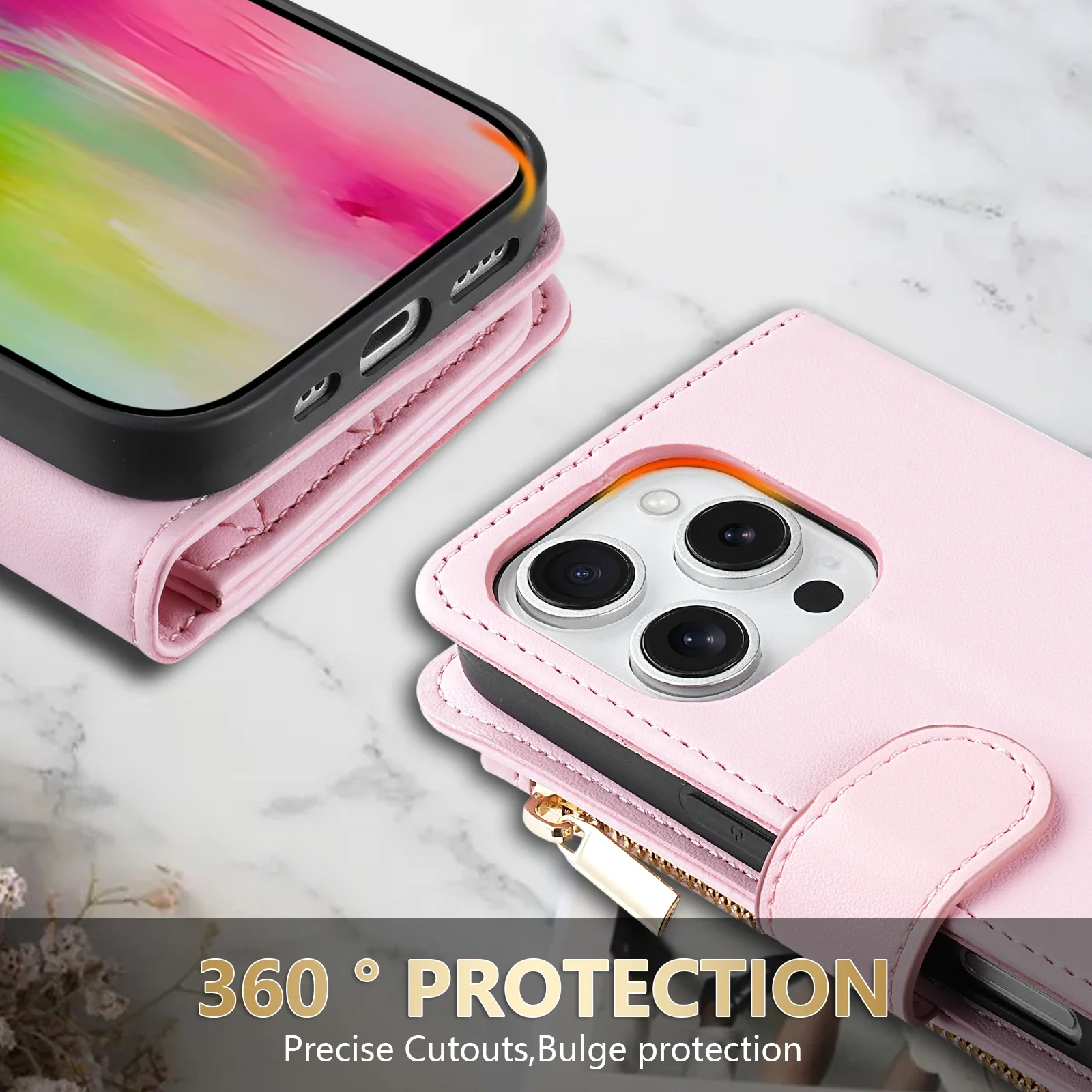 Compact Leather Wallet Case with Zipper Card Slot and Magnetic Flip Stand Feature