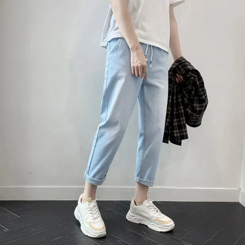 Summer Thin Fashion Men's Jeans 2024 New Korean Loose Straight Student Wide Leg Trendy Men's Elastic Waist Drawstring Pants