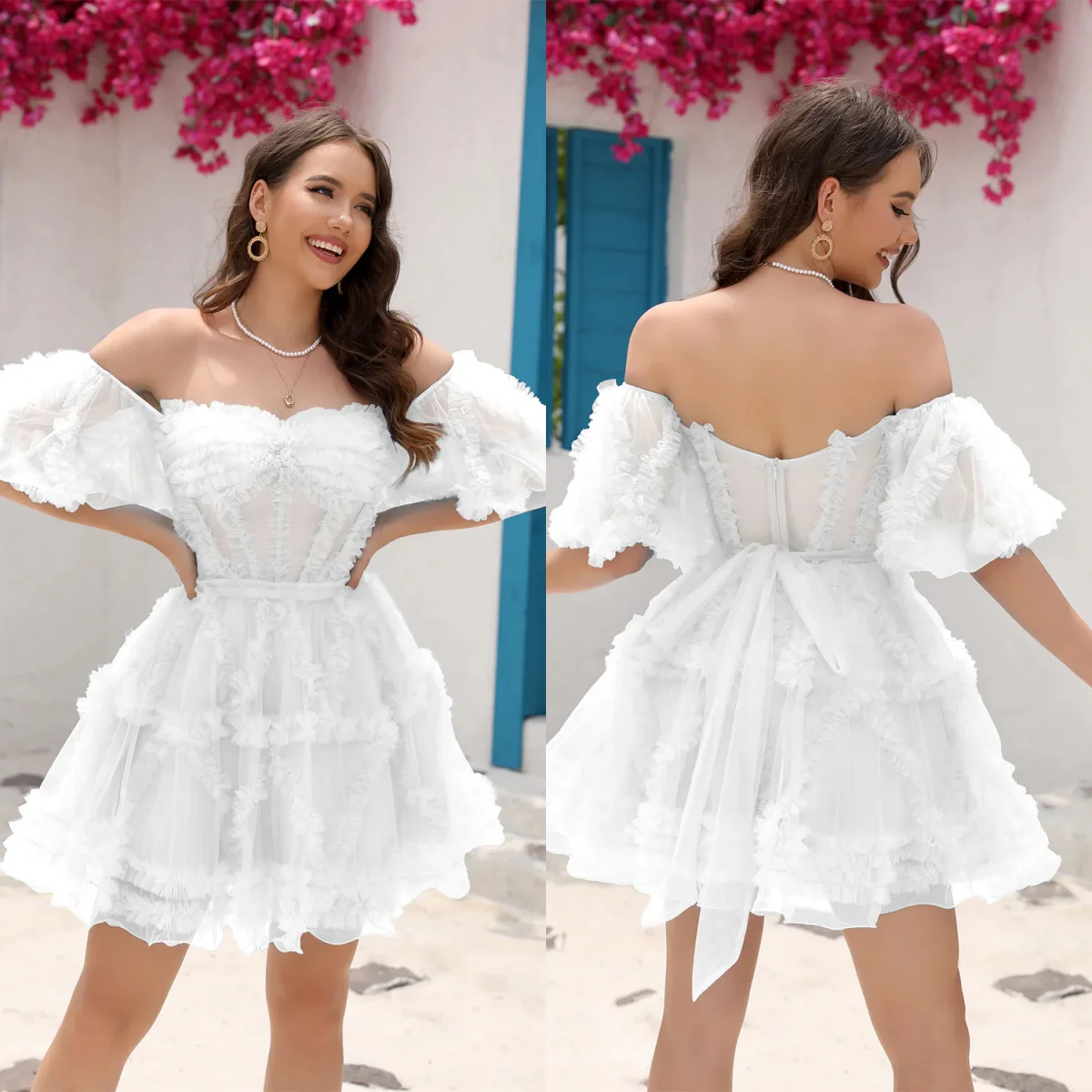 

White Wedding Dress for Bride Strapless Ruched Bridal Party Gowns New Detachable Short Sleeves Mini Robe De Mariee