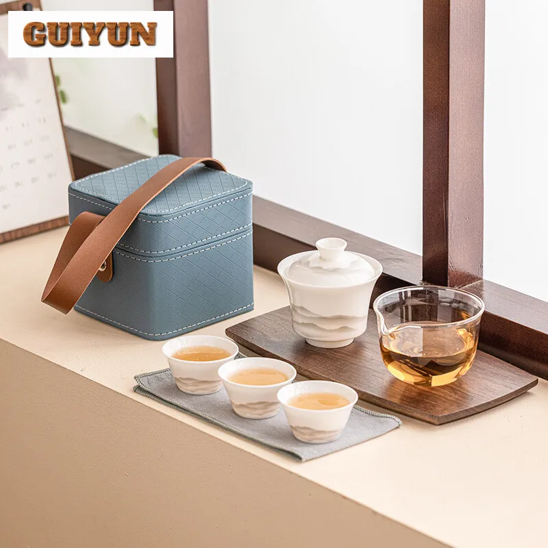 Sheep Fat Jade Ink Landscape Travel Tea Set Kit Creative 1 Pot 3 Cups Tea Maker Camping Outdoor Portable Handbag Items Craft
