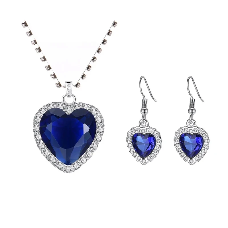 Titanic Heart of Ocean Blue Heart Love Forever Pendant Necklace with Titanic Earrings + Velvet Bag jewelry sets jewelry set women earrings chain necklace