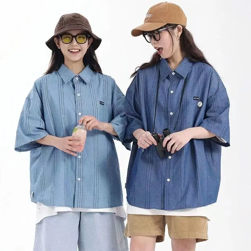 DAYIFUN-Japanese Short Sleeved Shirts for Women Loose Casual Retro Striped Blouses Female Work Jackets Lapel Tops Summer Tees