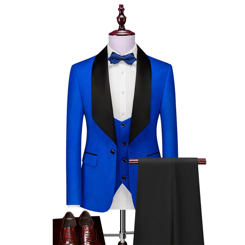 

2023 New Men Suits Royal Blue/Black Groom Shawl Satin Lapel Groomsmen Wedding Best Male ( Jacket+Pants+Vest )