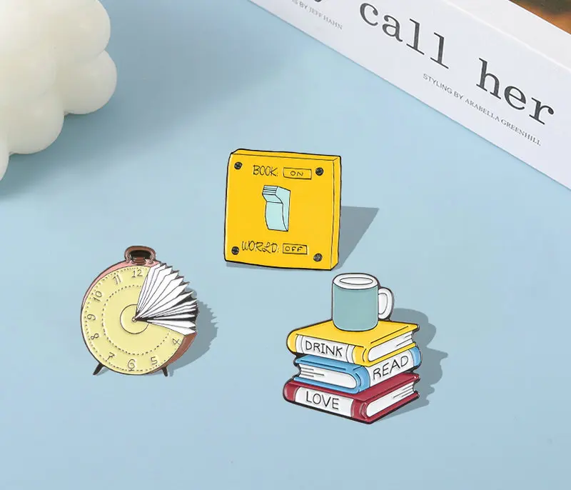 

Reading World Enamel Pin Mental Food Book Time Clock Brooch Bag Clothes Lapel Pin Badge Fun Reading Jewelry Gift Kids Friends