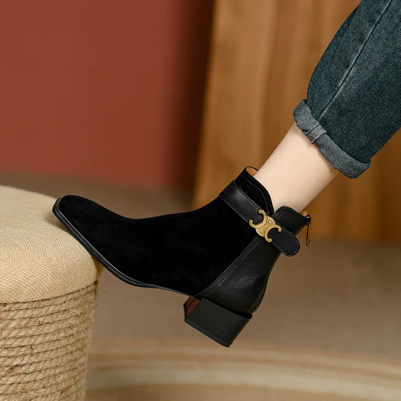 British Style Low Heels Ankle Boots Women 2023 Autumn Suede Faux Square Toe Short Boots Woman Thick Square Heel Retro Booties