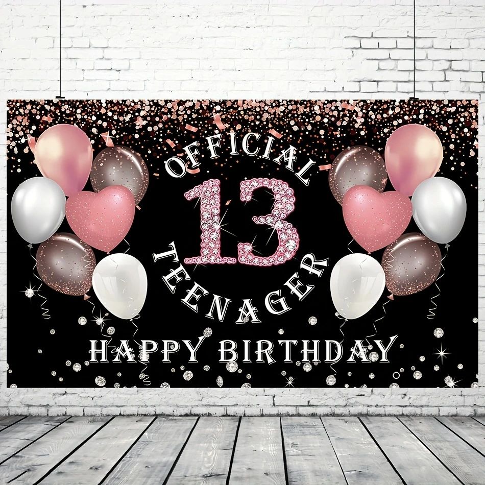 Decorazione Compleanno 13 Anni Ragazza - Striscione E Sfondo Fotografico In Tessuto Oro Rosa, 150x90 Cm - 3