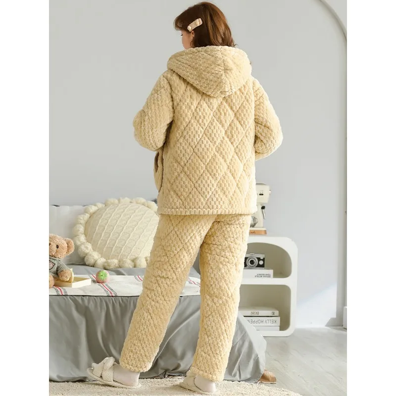 2023 New Winter Women Cotton Pajamas Three Layers Warm Thick Homewear Plus Size Coral Velvet Cotton-padded Hooded Sleepwear Suit