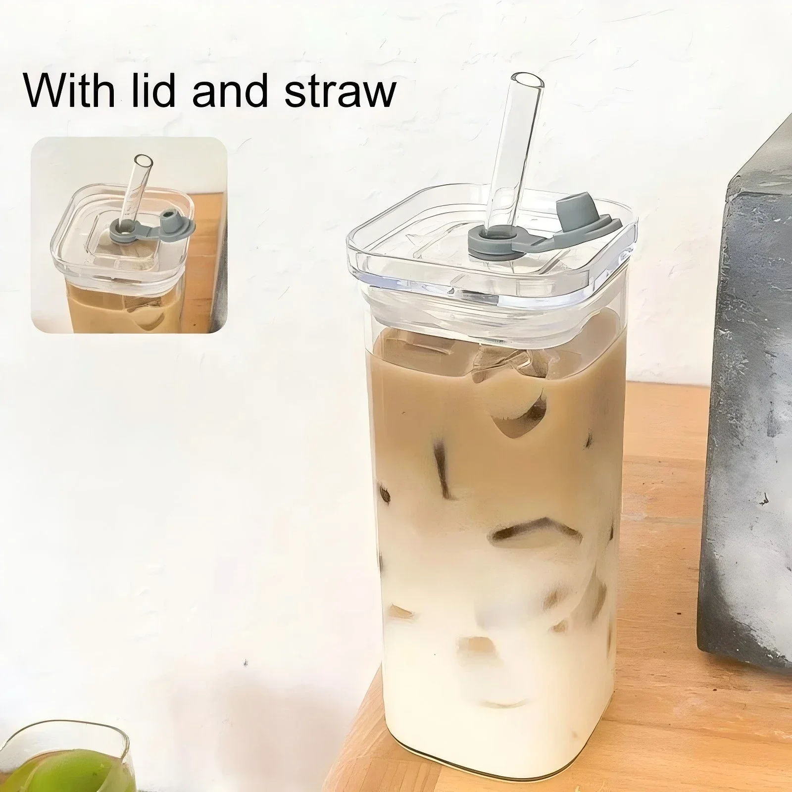 1pc Square Glass Coffee Mug with Lid and Straw Heat Resistant Transparent Milk Coffee Tea Juice Cups For Home Bar Drinkware