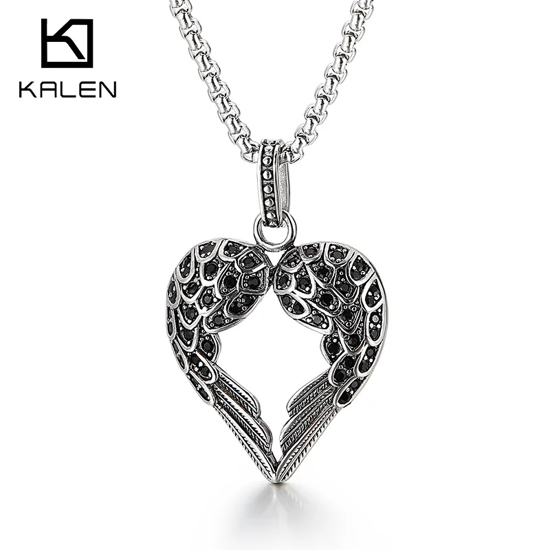 

Kalen Gothic Wings Heart Pendant Necklace Stainless Steel Accessories Punk Dragon Charm Jewelry New