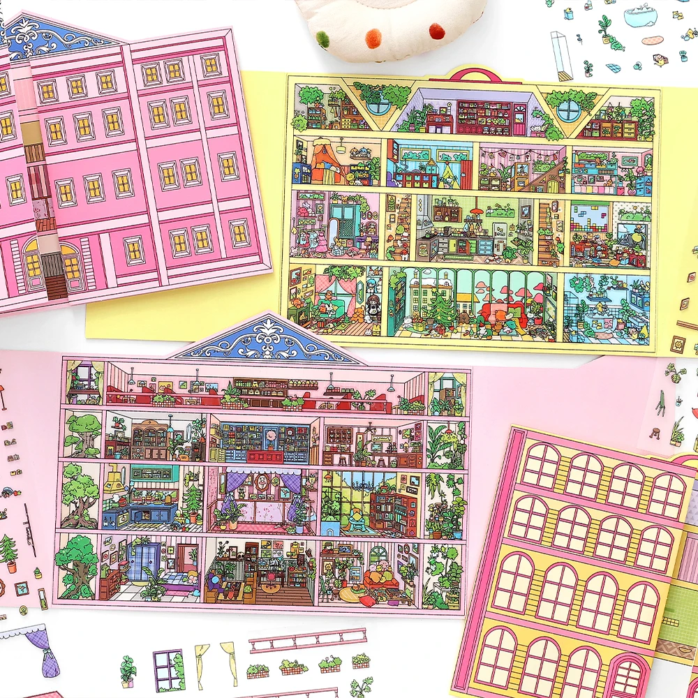 Kawaii Puppe Wohnung 3D Rosa Hotel Landschaft Aufkleber DIY Tasche Kabine Szene Halloween Kinderspielzeug Geschenke ﻿