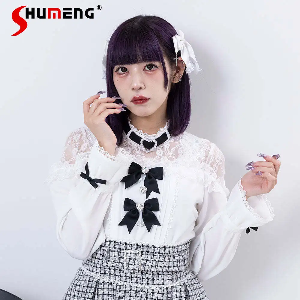 Mine Autumn Winter New Japanese Long Sleeved Blouse Girl Cute Lolita Lace Patchwork Cold-Shoulder Bowknot Shirt Women's Clothing
