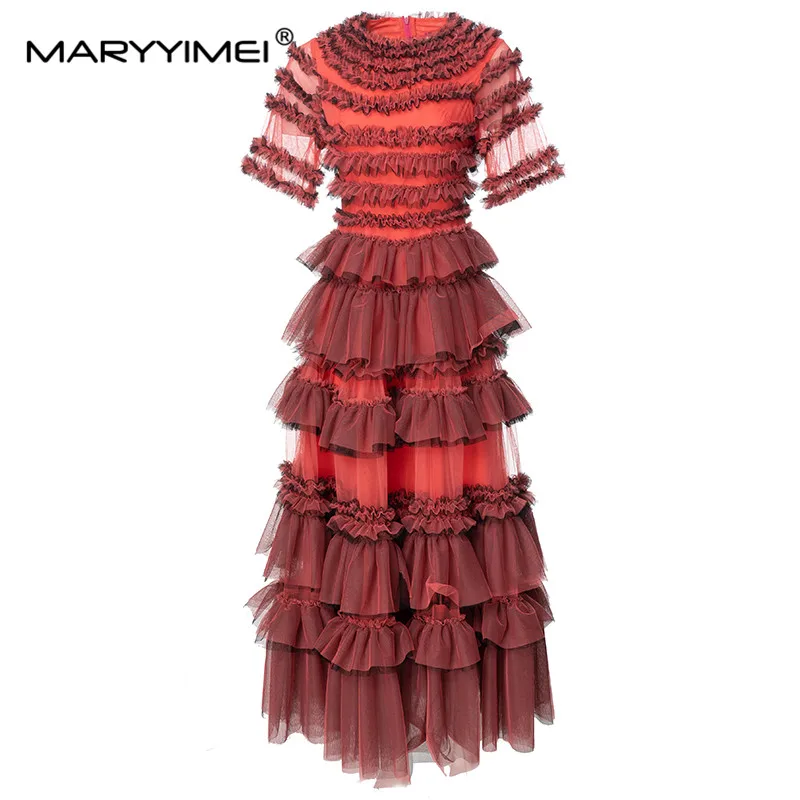 

MARYYIMEI New Fashion Runway Designer Women's Short Sleeve Wood Fungus Ruffled Edge Layered Elegant Cake Bohemian Style Dress