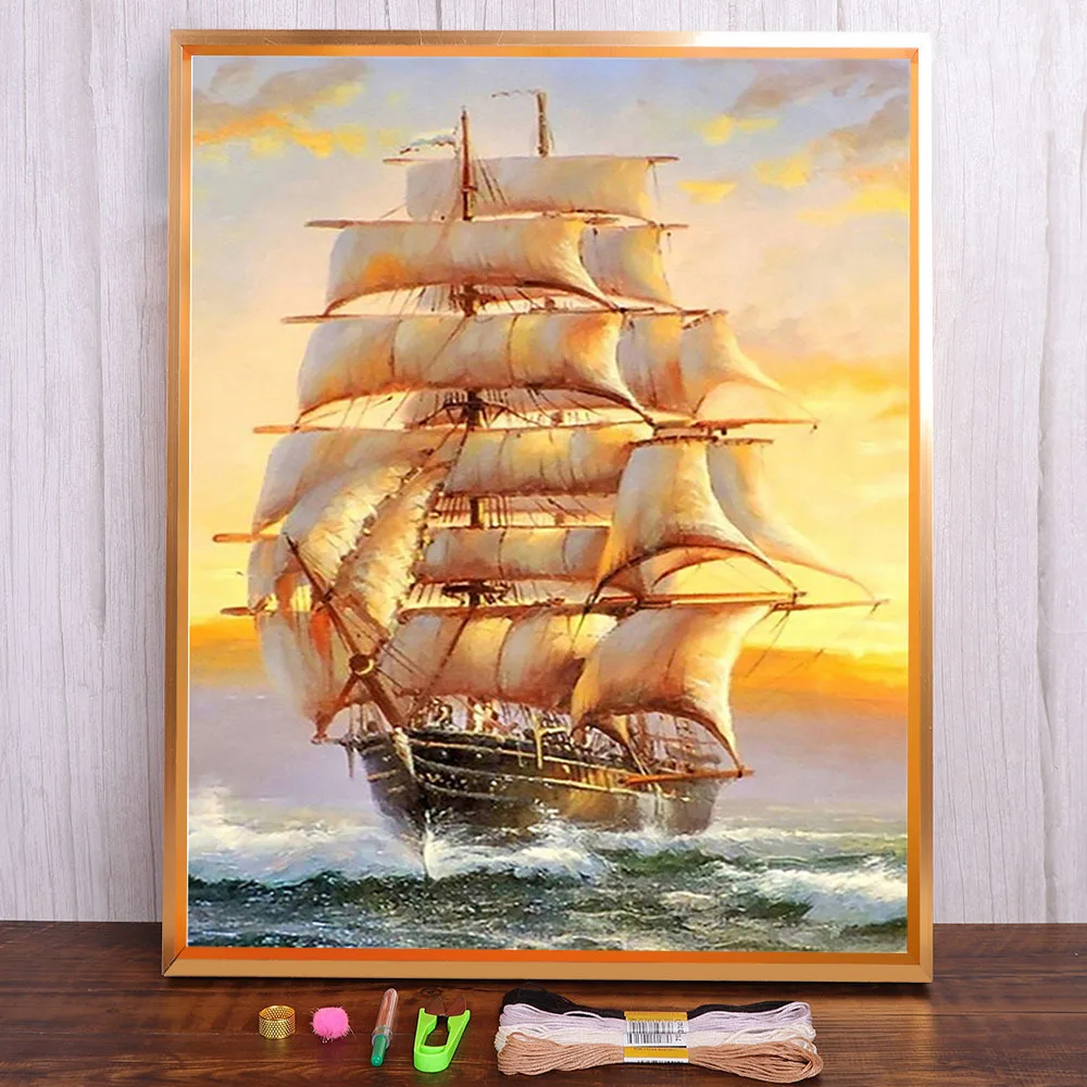 Boat Landscape Ship Printed Canvas 11CT Cross Stitch Full Kit DIY Embroidery DMC Threads Hobby Handiwork Knitting Counted