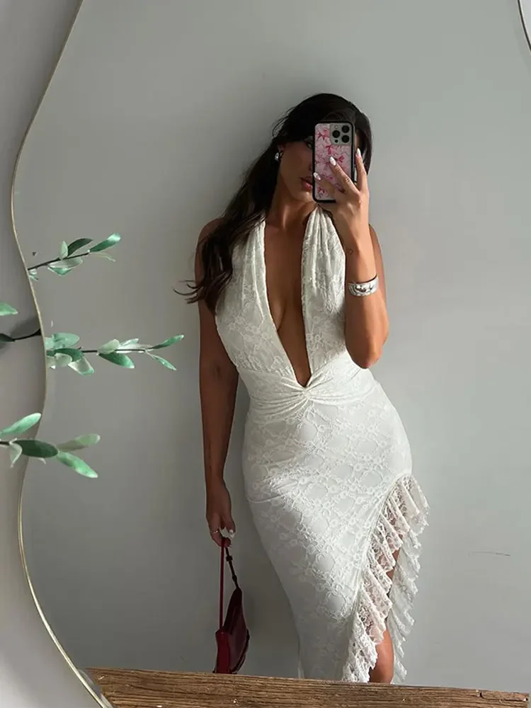 

White Irregular Ruffles Lace Spliced Halter Dress Fashion Slim Deep V Neck Backless Robe 2024 Summer Lady Elegant Vestidos