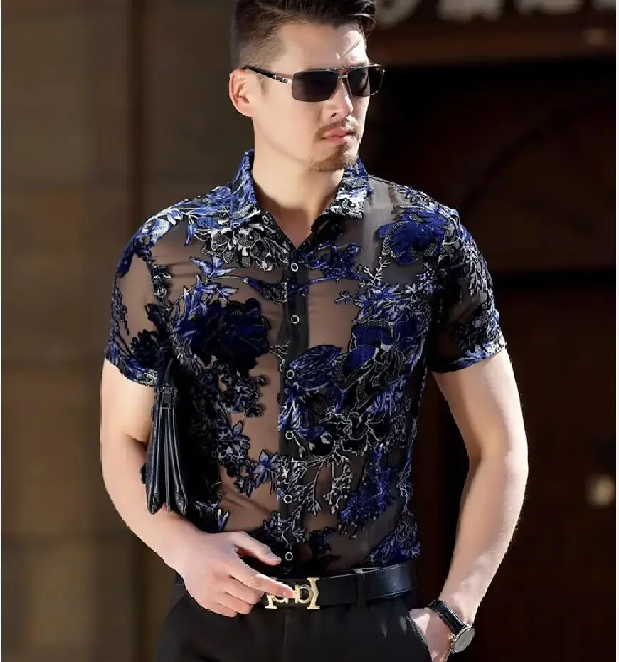 Men's Floral Shirt Summer See Through Clothes Male Sexy Transparent Clubwear Short Sleeve Streetwear Dress Shirts
