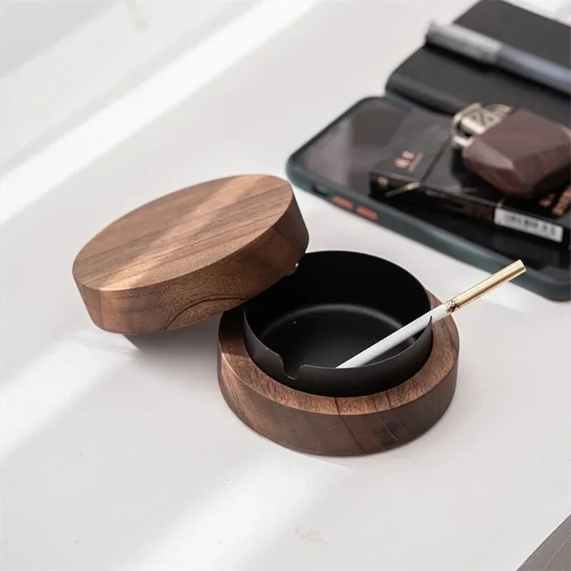 Walnut Wood Ashtrays With Lid Covered Windproof Ashtray Stainless Steel Liner Indoor Outdoor Ash Tray For Home wood ashtray
