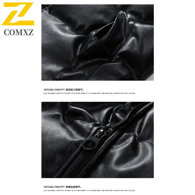 COMXZ 2025 New Men Thickened PU Cotton Jacket Trendy Casual Winter Coat Versatile Solid Color Outerwear for Office Daily Outings
