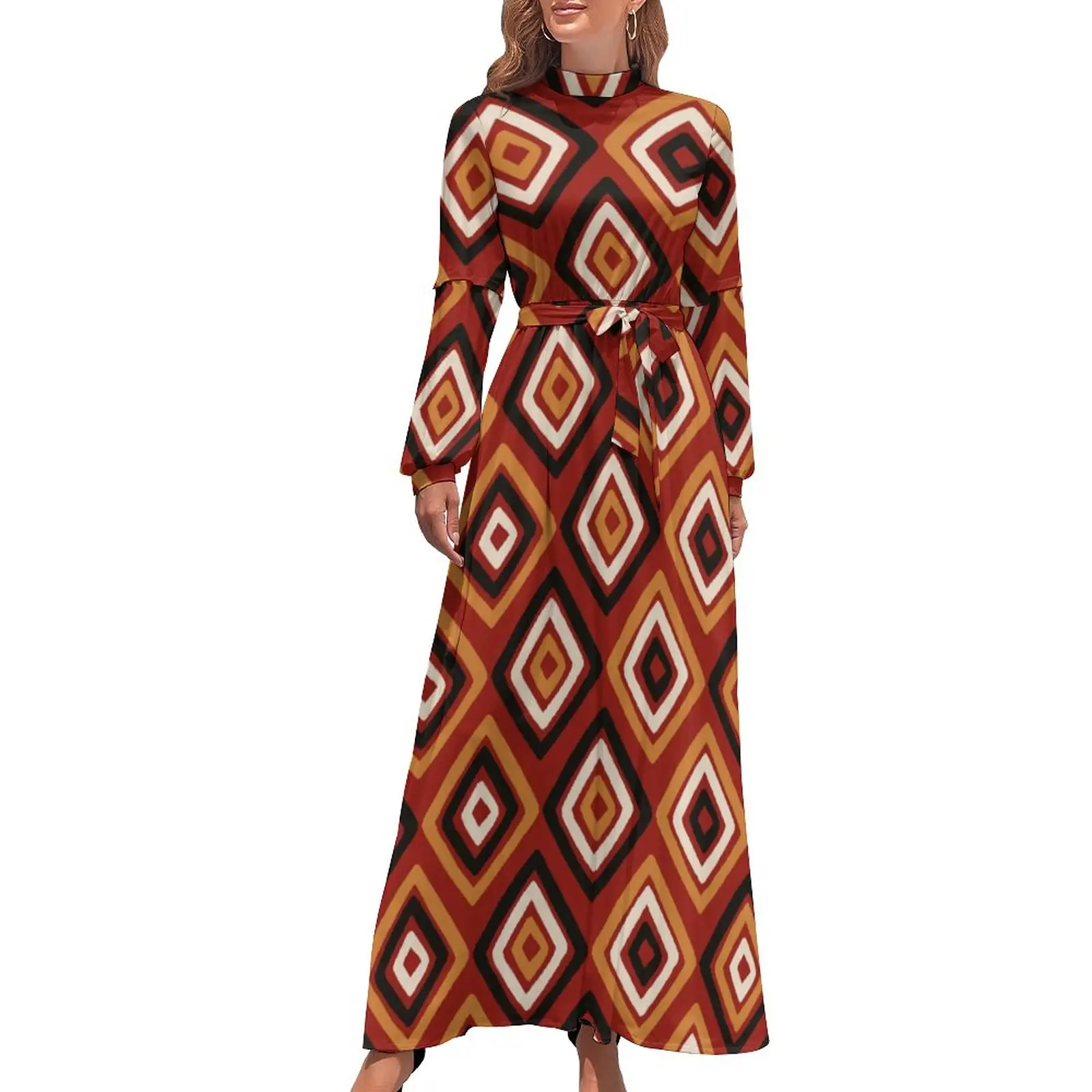 

African Styles Dress Retro Geometry Elegant Maxi Dress Aesthetic Bohemia Long Dresses High Waist Pattern Clothes