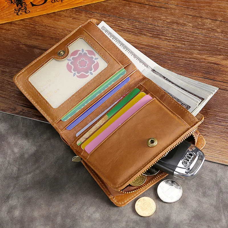 

Amazon Hot Oil Wax Leather Men's Short Wallet Zipper Bag Coin Wallet Multi-function Wallet RFID Multi-card Position